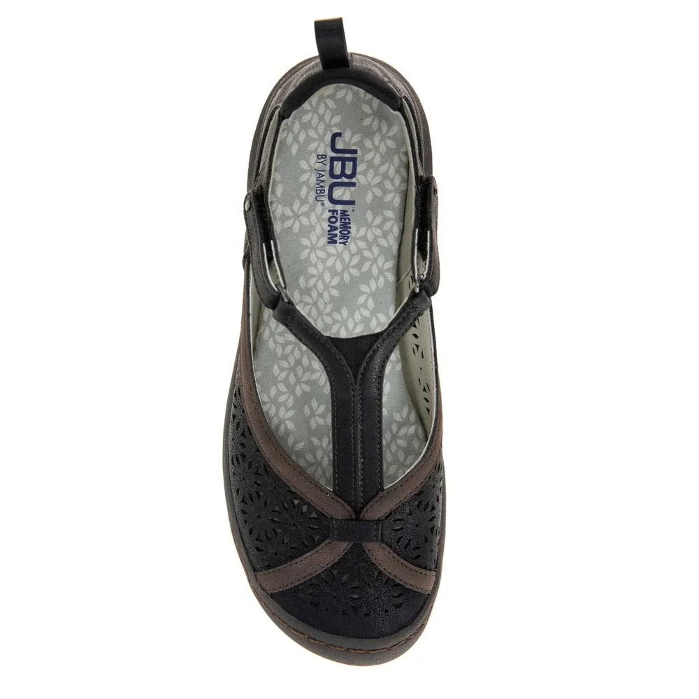 JBU Daffodil Mary Jane Flats 9M Black Brown Laser Cut T-Strap Memory Foam Shoes